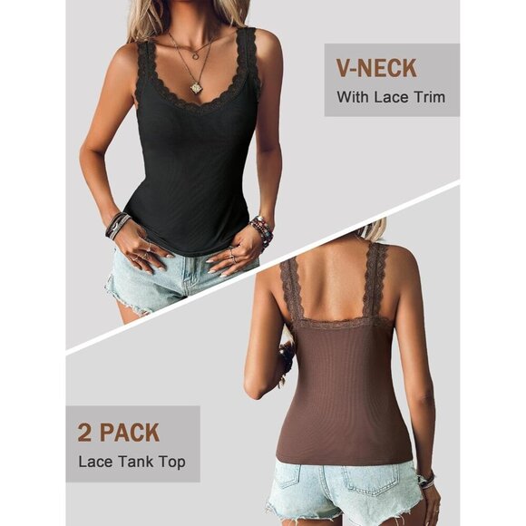 2 Pack Lace Camisole Tank Tops Women Ribbed Summer Going Out Tops - Picture 2 of 6